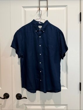 Men’s J. Crew Navy Blue Short-Sleeve Button-Down Baird McNutt Irish Linen Shirt